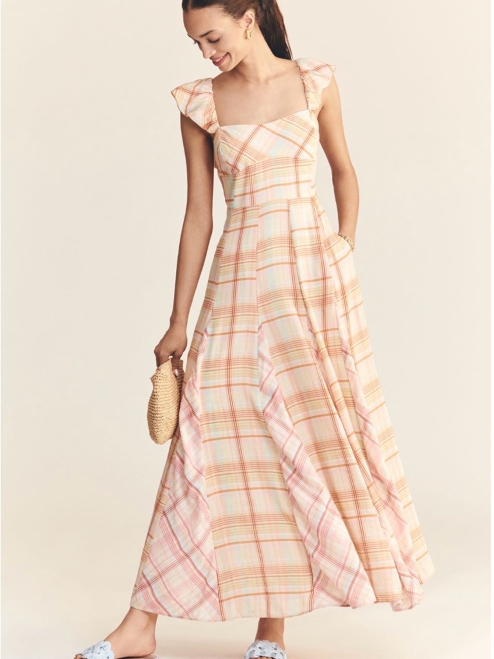 Maeve Plaid A-Line Maxi Skirt in Pink, Yellow & Cream